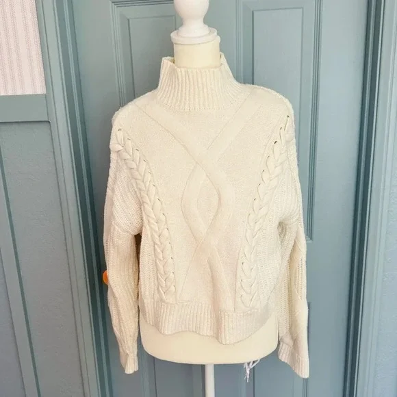 Elizabeth and James Cable Knit Cream Turtleneck Crop Sweater - Picture 2 of 9